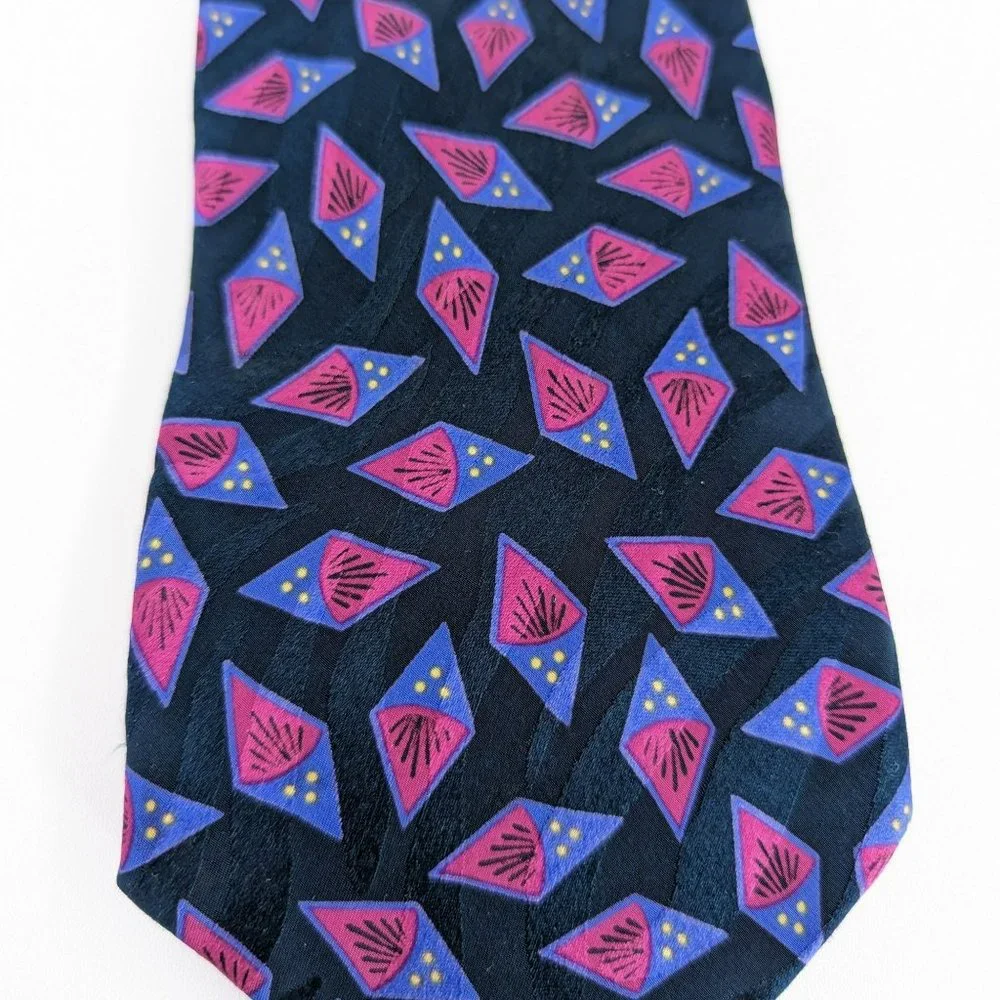 Serica Tie Black Pink Purple Yellow Art Deco Abstract Print Pure Italian Silk